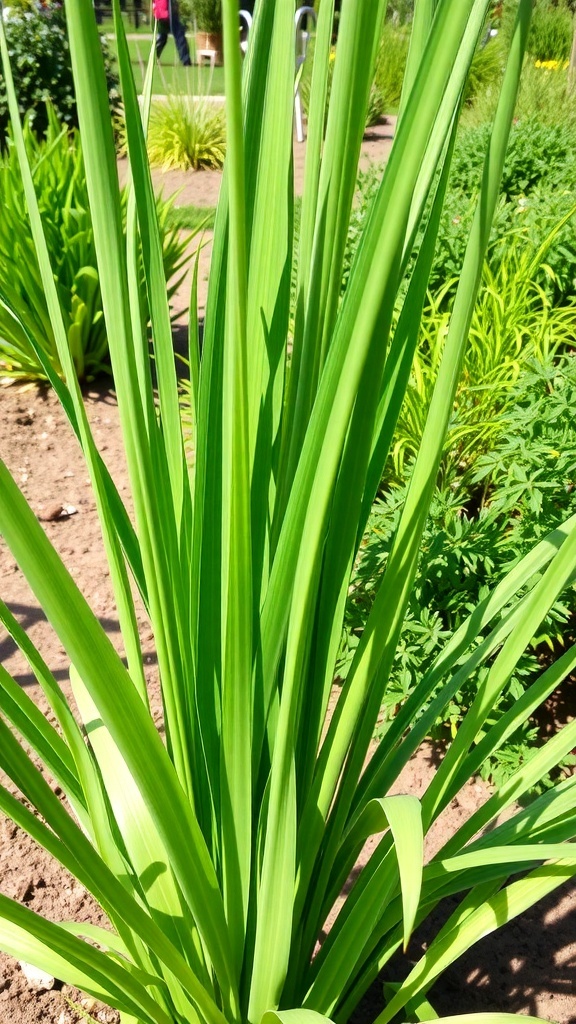 Lemongrass Plant Care Guide A healthy lemongrass plant with tall green stalks in a sunny garden.